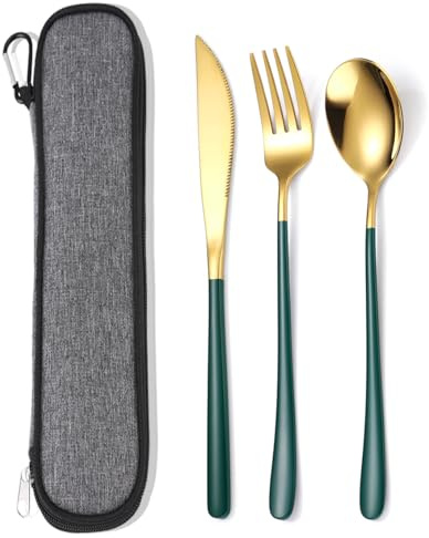 AARAINBOW Stainless Steel Silverware Set for 1, Reusable Knife Fork Spoon Set with Case, 3 Pcs Flatware Set for Travel Work, Lunchbox Cutlery Set (Green Gold)