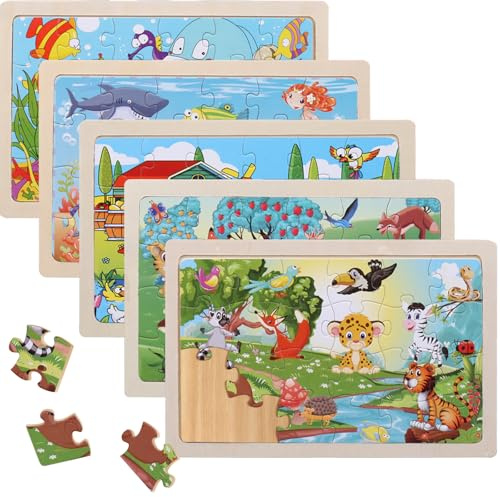 KELAV Puzzle Bambini 3 Anni,Puzzle Legno Bambini 5 X 24 Pezzi,Giochi Legno,Giocattoli Educativi Prescolari Regali di Animali dei Cartoni Animati per Adatto per Viaggiare