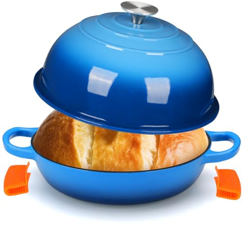LIFERUN 6qt Enameled Cast Iron Dutch Oven for Sourdough Bread Baking, Non-Stick Dome-Shaped Bread Oven Pot with Lid, Silicone Handles and Scraper, Blue