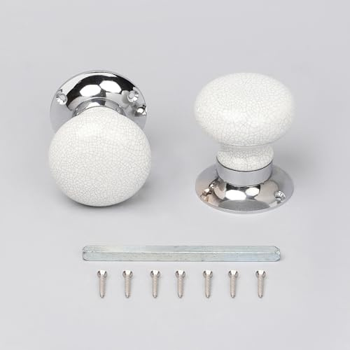 G Decor Crackle Glaze Handcrafted White Ceramic Mortice Door Handles Set – Internal Turning Knobs with Chrome Base for Bedroom & Interior Doors