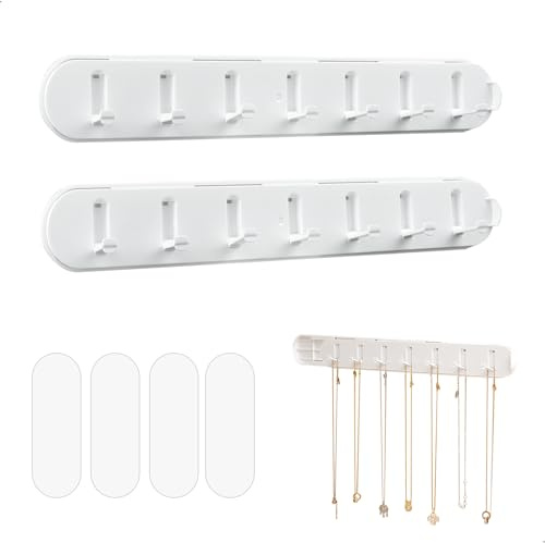 Porte Bijoux Mural, Porte Colliers Muraux, Extensible Rangement Colliers avec 7 Crochets, Auto-adhésifs Organisateur Bijoux pour Chaîne Boucles Doreilles, Facile à Installer(2 Pièces, Blanc)