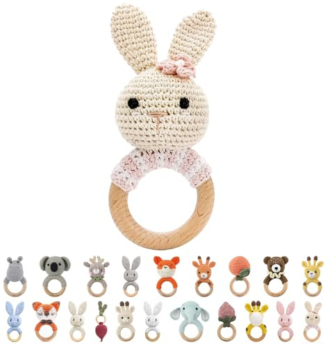 I LOVE MOM Greifling Babyrassel Beißring Gehäkelte Holz Häkeln Tiere Greifling Holz Spielzeug mit Sound Baby Geschenk für Neugeborenes Junge und Mädchen Geschenk zur Geburt - Beiges Hase