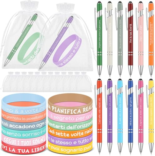 Otuuz 12 Set di Regalo Colleghi Penne Motivazionali in Italiano Penna a Sfera con Braccialetto Motivazionale in Silicone Sacchetto di Organza Regalo per Dipendenti Adolescente Maestre per Natale