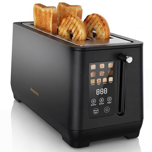 4 Slice Toaster, Long Slot Touch Screen Retro Toaster with Digital Countdown, Extra-Wide Slots for Bagels & Artisan Bread, 6 Browning Levels, 5 Bread Modes, Defrost Reheat Cancel, Stainless Steel