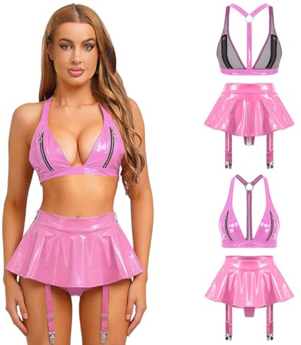 Aiihoo Damunderkläder Wetlook Dessous Set Lackläder BH utan Bygel Bra Minirock Kort med Remmar Mötesfest Rave Club Outfit, ROSA, L