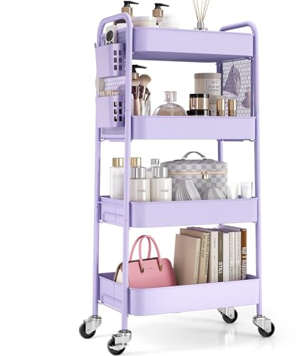 Urackify Carrito de Almacenamiento Rodante de Metal 4 Niveles, Carrito Utilitario con Tablero de Clavijas, Cestas y Ganchos, Multiusos para Cocina y Hogar | Tableros de clavijas de bricolaje, cubos colgantes, ganchos, sala de estar, cocina, baño, oficina, aula