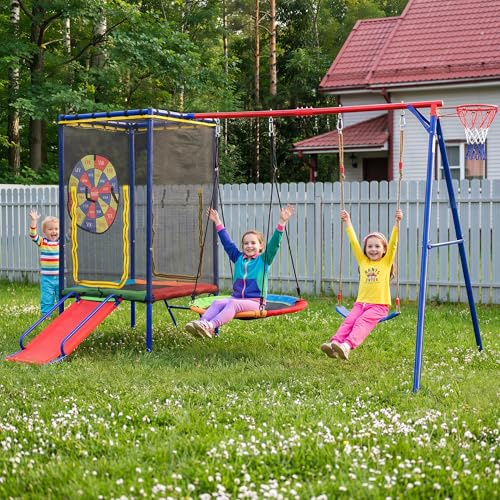 Juego de columpio multifuncional al aire libre, equipo de juego exterior con trampolín, columpio, tobogán y canasta de baloncesto – para jardín, con red de seguridad, columpio nido y estable (Colorido