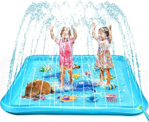 KAHEIGN Splash Pad 170cm Quadratische Wasserspielmatte – Wassersprinkler Kinder Sprinklermatte für Sommer Garten & Outdoor – Mit Wal- und Tiermotiven Wasserspielzeug für Kinder, Haustiere & Familie