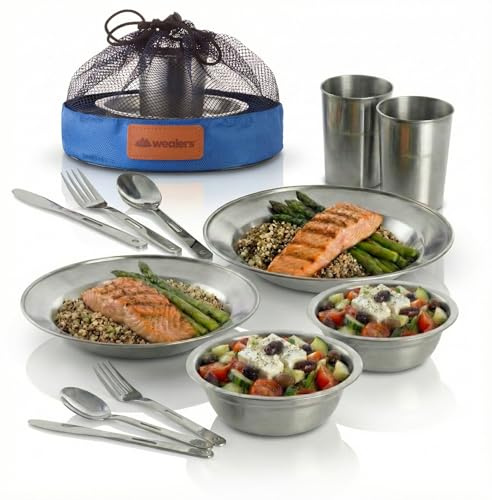 Wealers Unique Complete Messware Kit Polished Stainless Steel Dishes Set| Tableware| Dinnerware| Camping| Buffet| Includes - Cups | Plates| Bowls| Cutlery| Comes in Mesh Bags (2 Person Set Blue)