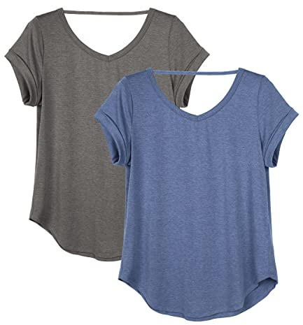 icyzone Damen Rückenfrei Yoga T-Shirt Kurzarm Sport Freizeit Tops Lose V-Ausschnitt Shirt, 2er Pack (L, Dunkelgrau/Grau-blau)