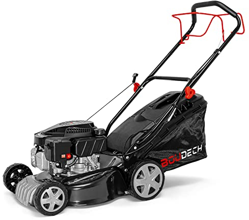 Tagliaerba a propulsione automatica semovente con ampiezza di taglio di 400mm. Rasaerba con motore a scoppio 145cc 3KW OHV 4 tempi. Tosaerba con telaio metallico e trituratore per funzione mulching.