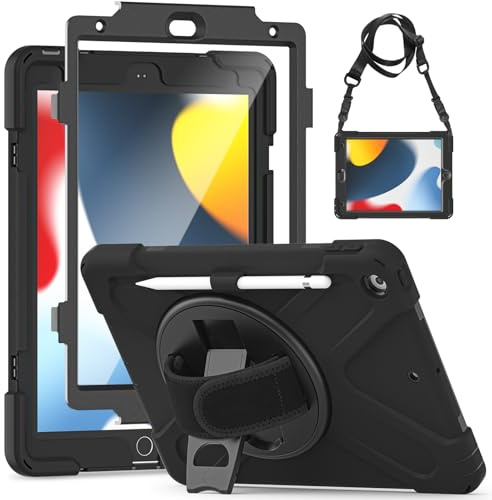 Gerutek Coque pour iPad 9ème/8ème/7ème Génération, 2021/2020/2019 avec Protection d'écran, Étui Antichoc Robuste, Support Pivotant, Bandoulière/Dragonne, Housse Hybride Résistante pour iPad 10,2, Noir