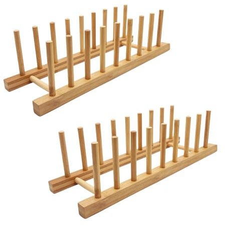 efbock Tellerregal Halter für Küchenschränke Bambus Holz Schneidebrett Tablett Geschirr Rack Ständer Abtropfständer Küchenschrank Organizer für Teller, Tassen, Topfdeckel (2, 8 Steckplätze)