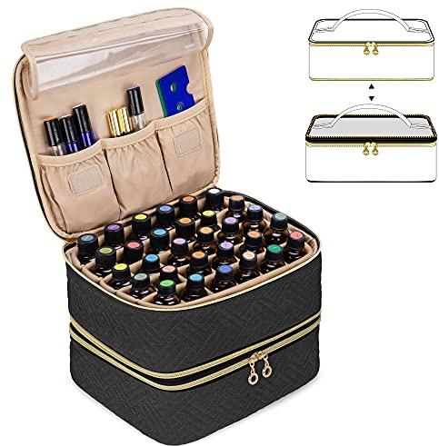 Luxja Avtagbart eterisk oljefodral i 2 lager – rymmer 60 flaskor (5 ml – 30 ml), förvaringsväska för eterisk olja med flera fickor, (patenterad design), Svart, samtida
