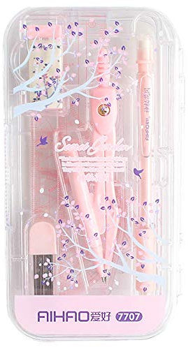 MEGAUK Zirkel- und Mathematik-Set 8 in 1 für Mathematik Geometrie, Schreibwaren-Set für Kinder, 8-teilig (Pink)