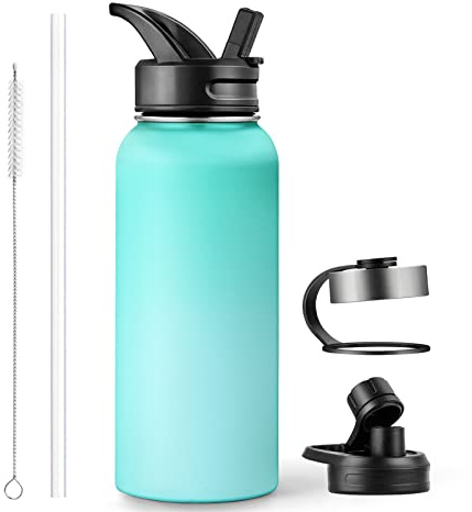 JESMAY Edelstahl Trinkflasche Thermosflasche mit Strohhalm und 3 Verschiedenen Deckeln,950ml BPA-frei Isolierflasche,Auslaufsicher, Große Trinkflasche aus Metall für Sport, Outdoor, Camping