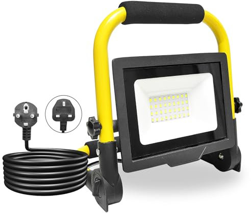 PICAA 30W Projecteur de Chantier LED avec Prise, 3000LM Lampe d'extérieur Pliable Portable Projecteur Led, Rotation à 360° Pour Travaux d'atelier, Garage, Terrasse, Jardin, Etanche IP66 6000K Blanc