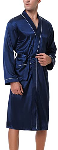 Bresdk Satin Bademantel Herren Morgenmantel Leichter | Klassischer Kimono-Schnitt mit Bindegürtel, zwei aufgesetzten Taschen und stilvollen Kontrastpaspeln an den Säumen