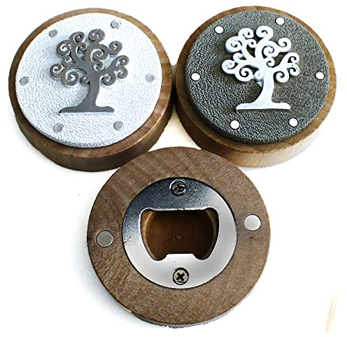 DLM33574 (Kit 6 Pezzi) Apri Bottiglie Apribottiglie con Calamita Moderno Design Tondo in Legno Albero della Vita Nozze Battesimo Comunione bomboniera