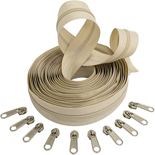 AERZETIX - C62561x5-C62567x10 - Kit de cremallera espiral 5m N°3 color: beige claro + 10 cursores N°3 no bloqueable color: plata - en metal - merceria costura ropa