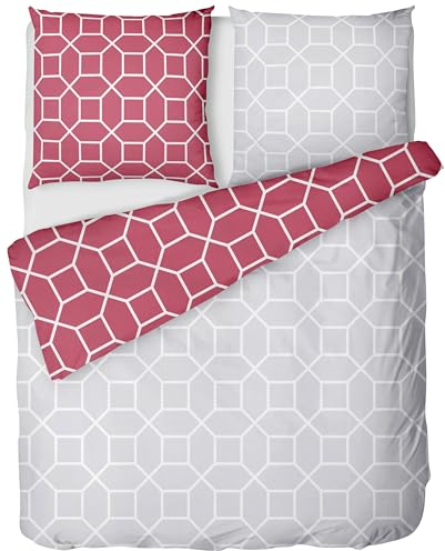 LINKHOFF Biber Bettwäsche 155x220 2teilig - Wendebettwäsche Beere Rot Silber - 100% Baumwolle - Geometrisches Muster Hexagon - 155x220 + 80x80cm