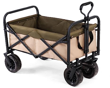 WYJRO Khaki Bollerwagen Faltbar,Grün Faltbar Tarnung Garten Handwagen Breite Reifen Transportwagen Mit Seitentasche Verstellbarem Griff Kapazität 150L,Bis 120Kg Tragkraft,(a) Khaki