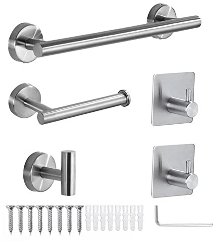 Tissting Set di Accessori per Il Bagno, Kit di Accessori per Il Bagno in Acciaio Inossidabile 304 da 5 Pezzi Portasciugamani Porta Carta Igienica Ganci per Accappatoio per Hotel Casa(Argento)