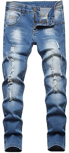 Happy Cherry Jeans da ragazzo in denim per ragazzi, jeans strappati, per bambini, elasticizzati, vestibilità dritta, pantaloni con taglio a stivale, età 5-16 anni, Blu, 13-14 Anni