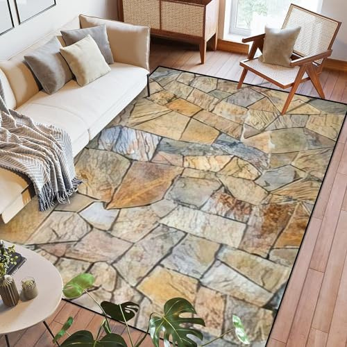 Area Rug Texture Stone Wall Cladding Seamless Flagstone Detail Outdoor Washable 6x9 feet Large Rugs for Bedroom Kitchen Living Room Non Slip Outdoor Carpets Soft Mats for Home Playroom Decor