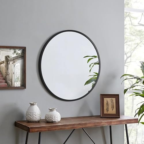 WOWINNE Spiegel Shwarz 50x50cm Runder Spiegel Wandspiegel Schwarz mit Metall Rahmen Badezimmerspiegel Dekorative Spiegel für Badezimmer Wohnzimmer Schlafzimmer Gäste WC