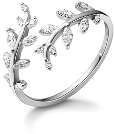 HNMZZPL Adjustable S925 Sterling Silver Ring for Women,Branch Leaves Band Stacking Finger Ring,Paved Cubic Zirconia Stone Stackable Open Ring (silver)