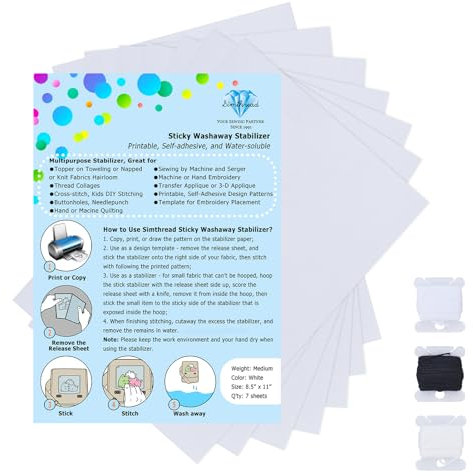 Simthread Selbstklebende Wasserlösliche Stickvlies, Mittelschwer 1.5OZ Bedruckbar Größe A4 (21 x 29.7 cm), 7 Stück/Packung