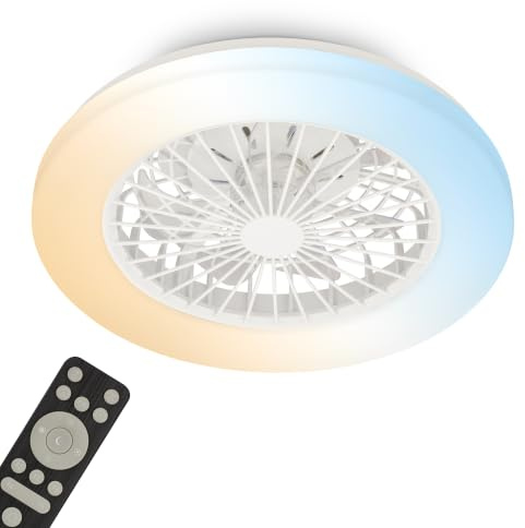 Briloner - Plafoniera con Ventilatore a 5 velocità, telecomando, dimmerabile, lampada per camera da letto, lampada per soggiorno, lampada da soffitto con ventilatore, 48,5x14,5 cm (DxA), bianco
