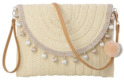 EVEOUT Damen Stroh Clutch Handtasche mit Schultergurte Sommer Gewebte Stroh Schultertaschen Umhängetaschen für Strand Urlaub Reisen Hochzeitstasche