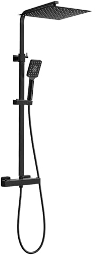 Bevankly, sistema doccia con termostato, nero, set completo per doccia, con soffione doccia a pioggia da 30 x 30 cm, soffione doccia a pioggia e doccetta, nero con rubinetto, 80-125 cm