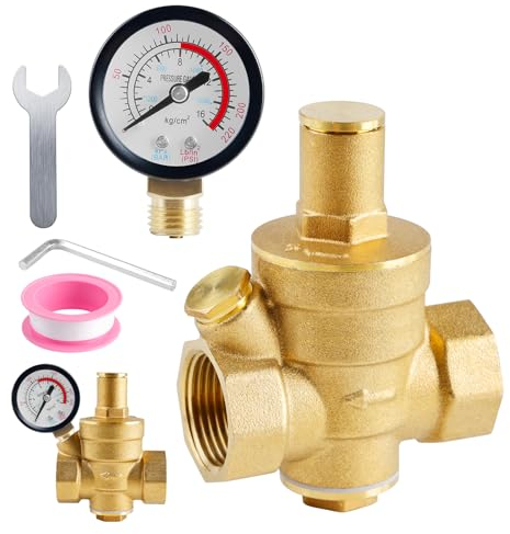 DN20 Riduttore di pressione acqua: WEGREAT 3/4 pollici ottone riduttore di pressione dell'acqua con manometro e strumenti di regolazione, regolatore di pressione da 1,6 MPa in ottone, misuratore di