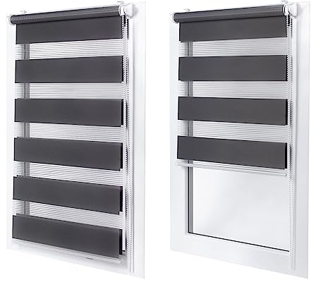 Doppelrollo ohne Bohren – Sichtschutz und Sonnenschutz, Klemmfix – Dunkelgrau, 130 cm breit (Stoffbreite) x 150 cm hoch (Fensterhöhe) – Duo Rollo für Fenster/Tür, lichtdurchlässig/verdunkelnd