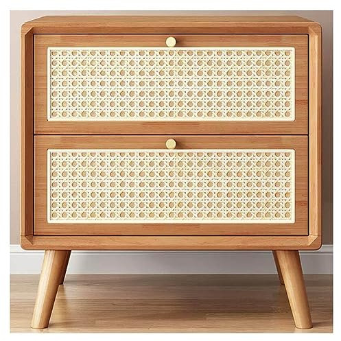Mesita de noche de ratán de madera maciza, mesa auxiliar moderna de mediados de siglo con 2 cajones, mesita de noche pequeña de ratán para sala de estar, dormitorio (color: color cereza, tamaño: 48 x