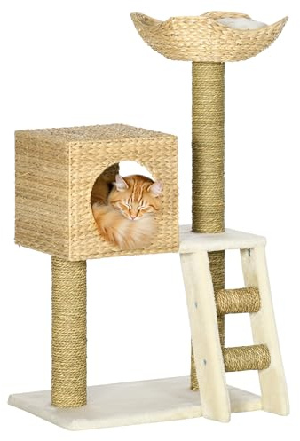 PawHut Kratzbaum 100,5 cm mit Katzenhöhle, Bett für Katzen bis 4,5 kg Natur | Katzenbaum, Treppe, Katzenkratzbaum mit Sisal-Kratzsäulen, Kissen