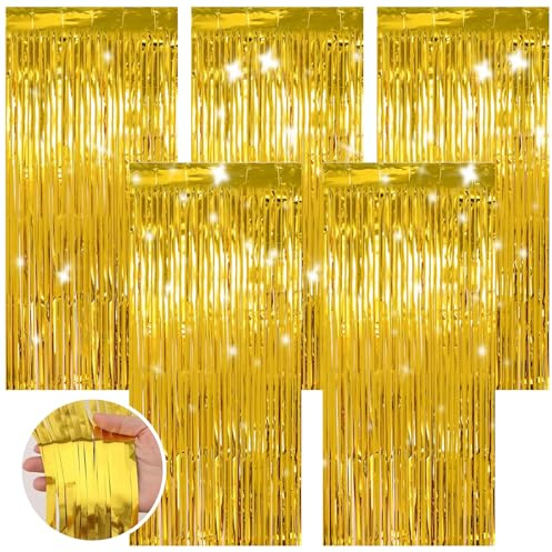 Pizsieat 5 STK Lametta Vorhang Gold Geburtstagsdeko, 1 x 2M Glitzervorhang Metallische Folie Fransen BabyShower Geburtstag Deko Girlande, Fringe Luftschlangen als Party Weihnachtsdeko Halloween Deko