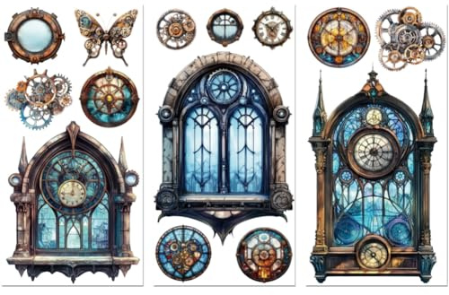 Peacoblue UV DTF Rub-On Transferfolie Möbel-Sticker Steampunk-Fenster Muster 15x30cm, 3 Stk. Wasserfeste Deko-Transferaufkleber für Möbel Glas Gläser Porzellan Wäscheschränke Kommoden | 3er Set UV DTF Transfersticker 15x30cm, Wasserfeste Dekorfolie für Möbel, Schubladen, Holz, Glas und Keramik