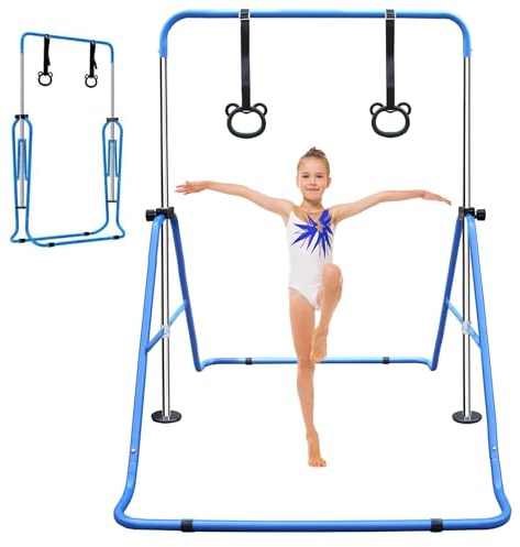 FUNJEPE Expandable Gymnastics Bars,Junior Kip Training Bars Equipment for Home,Adjustable Height Folding Horizontal Bar with Gymnastic Rings for Girls Boys