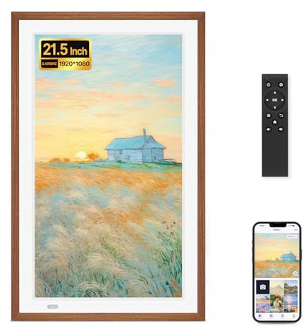 21.5 Inch Digital Photo Frame with Remote Control, 1920 x 1080 FHD Display, Wooden WiFi Picture Frame with 32GB, Wall Mounted, USB, SD Port, Instant Sharing via Uhale App (No Touch Screen)