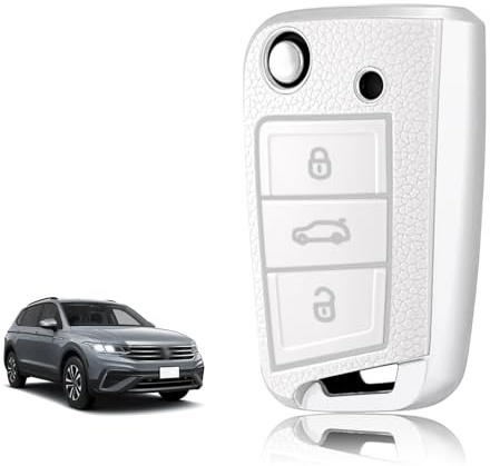 TOOMUME Schlüsselhülle Silikon, Autoschlüssel Hülle Passt für VW Volkswagen Golf 7 Polo Tiguan Taigo Seat Leon Ibiza Skoda Octavia Superb Fabia, Schlüsselcover Gold & Silberrand Lederstruktur