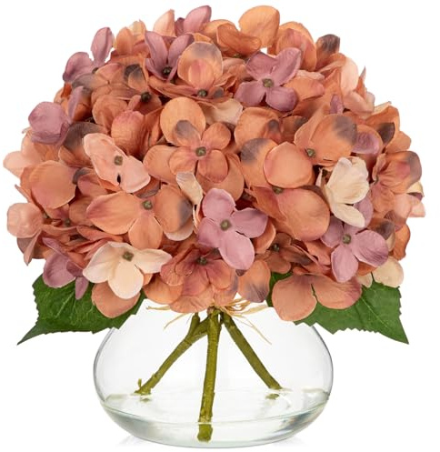 Oairse Flores artificiales de hortensias en florero, flores de hortensias falsas de tacto real en jarrón de cristal con seda de agua sintética, arreglo floral blanco para decoración del hogar, baño