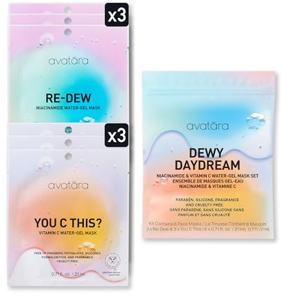 Avatara Dewy Daydream 6-Pack Water-Gel Mask, You C This? Vitamin C Masks, 3 Pack & Re-Dew Niacinamide Water-Gel Masks, 3 Pack | 0.71 fl.oz /21 mg