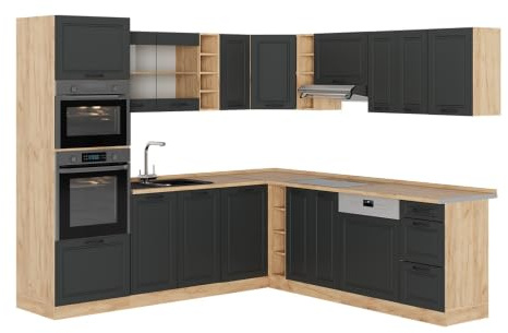 Vicco Eckküche R-Line, Anthrazit Landhaus/Goldkraft Eiche, 247 x 237 cm | 14 Module · Höhenverstellbare Füße · AP Eiche inkl. · MDF-Fronten · Mit Backofen-/Mikrowellenschrank