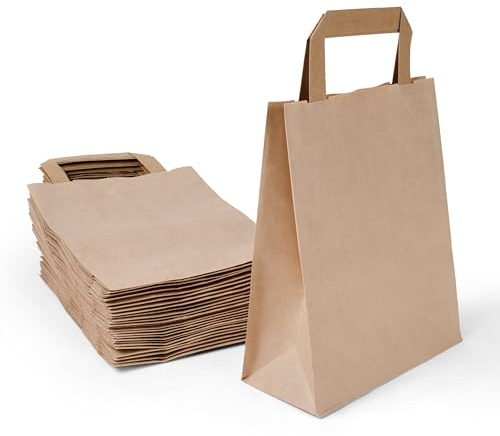 Inoverse 50 Sacchetti di Carta con Manici – 18+08x22 cm – Shopper in Carta Kraft Marrone, Buste Regalo Resistenti, Sacchetti per Negozi, Feste, Bomboniere ed Eventi