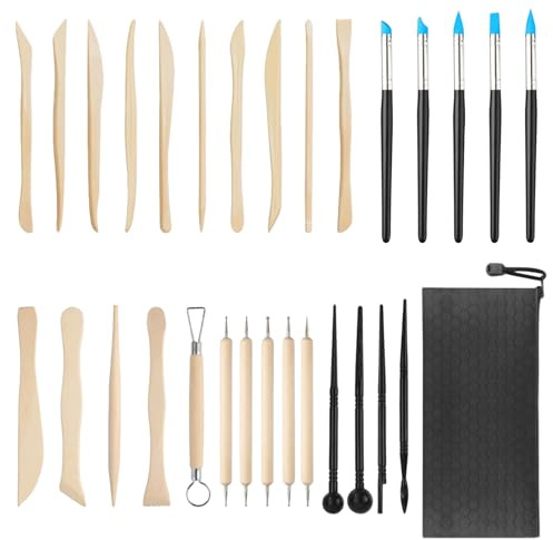 GTNCE 30 Stück Modellierwerkzeug Set, Ton Werkzeug, Polymer Clay Tools, Töpferwerkzeug Set mit Aufbewahrungstasche, Sculpting Werkzeug für Keramik, Skulptur, Carving Tools für Anfänger & Profis