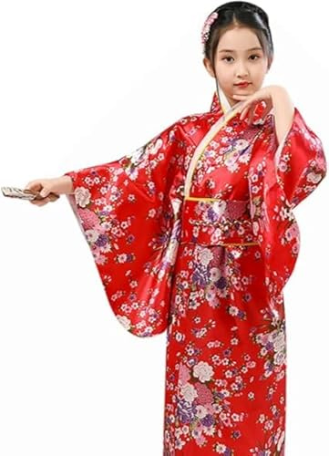 NAFING Kimono Japonais Enfant Robe Yukata Japonaise Robe Kimono Satin Les Enfants Fille Imprimé Peignoir Vêtements De Jeu De Rôle Anime Deguisement Fille 10 Ans